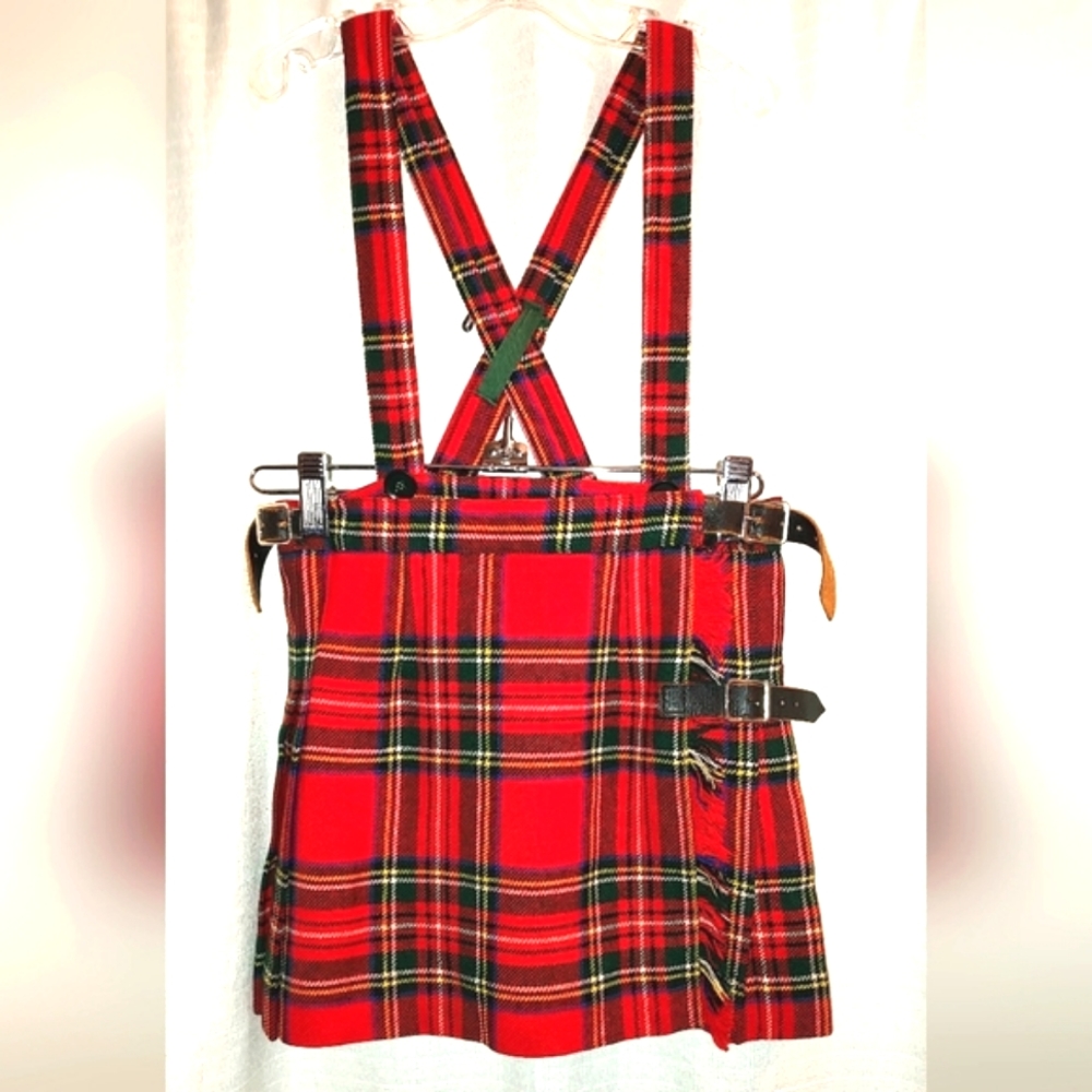 Vintage Girl's Red Plaid Scottish Skirt with Removable Suspender Straps